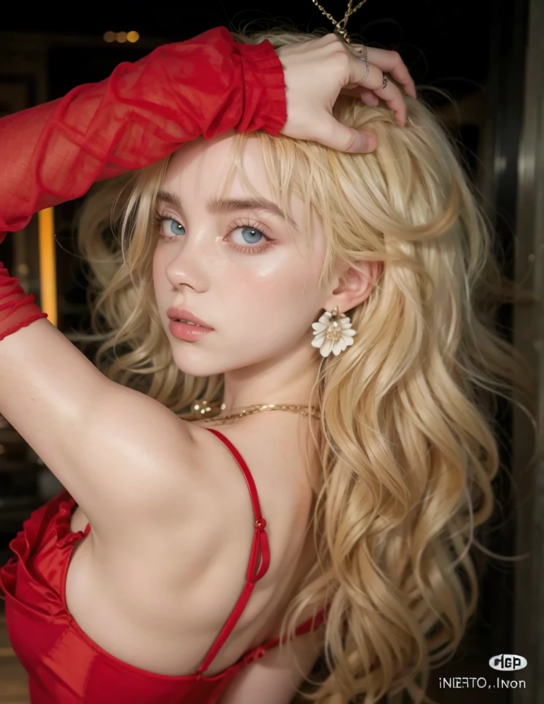 A close up of a woman in a red dress posing for a picture