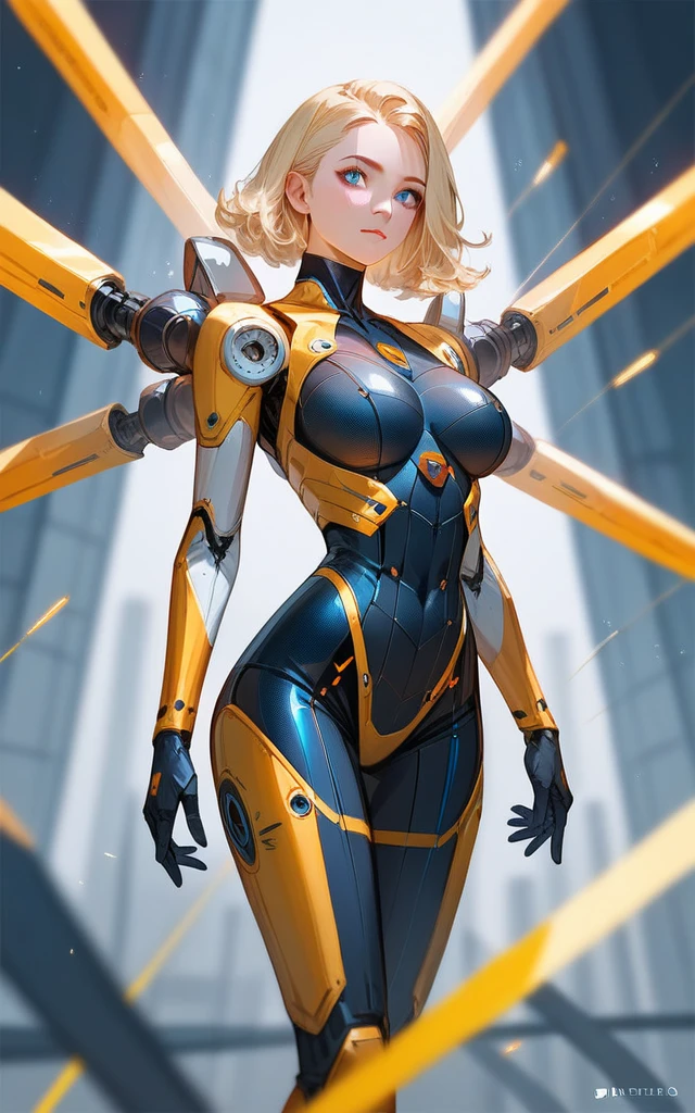 girl, golden ultron suit, blonde, blue eyes, Hyper Realistic, masterpiece