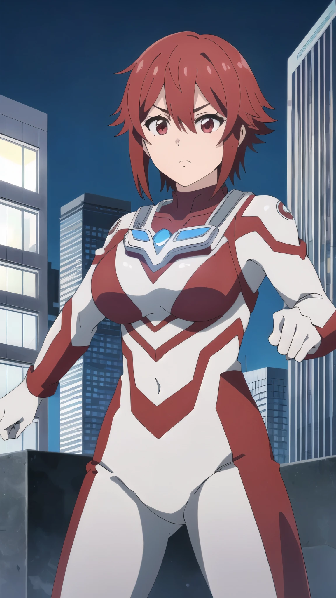 (8k、Highest quality、masterpiece:1.2),Detailed face,Beautiful Face,(fine grain, Deep Eyes),One Girl,input, Redhead, Red eyes, short hair, Hair between the eyes, bangs, Large Breasts ,Cowboy Shot、Combat Stance、Ultraman bodysuit、Hero Suit,Tight Suit,(building:1.2)、Night view