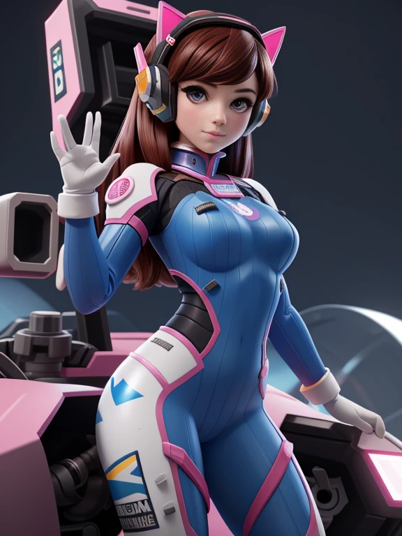 3D cinematic film.(caricature:0.2). masterpiece, best high quality, ultra details, ((top quality)), ((masterpiece)) (detailed), cinematic lighting, complex, high detail, sharp focus, 1Girl, Ultra High Resolution, Solo, Mecha Pilot, D.VA, Headphones, Pink Eyes, Cat Face Adornament, Blue Tights, Brown Hair, medium breasts, White Gloves, Unreal 8k octane rendering engine
