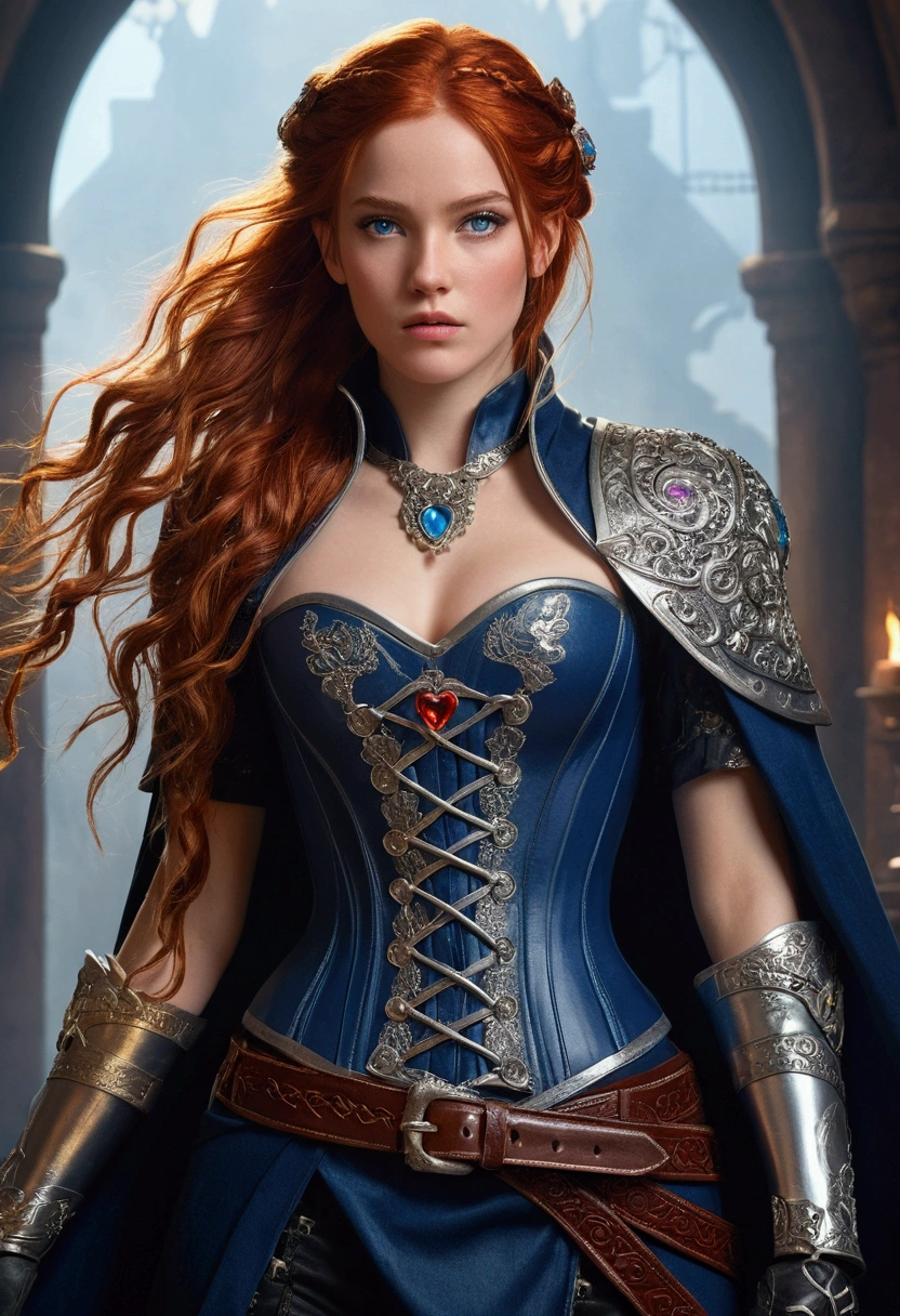 a girl with long, flowing red hair in a practical braid and striking amber eyes. She wears a shapewear, dark indigo heart-shaped corset adorned with intricate silver runes and symbols that glow faintly, high reinforced boots, and long gloves with silver details. Her facial expression is determined/focused. She has a large wide leather belt with pouches and a scabbard for an ancient, elegant sword with a softly shining blue blade and hilt decorated with precious stones. Over her jumpsuit, she wears a shiny, color-changing cape with a high collar. She stands in an ancient mystical setting, holding her shining sword confidently, ready for battle, in a fantasy-centric medieval style | beautiful detailed face | anime style | visual key | intricate detail | Highly detailed | Breathtaking | vibrant | panoramic | cinematographic | Griffiths Beef | Conrado Roseta | 8k.cinematic, epic, dynamic pose, character portrait, concept art, digital painting, artstation quality, trends on Artstation, award-winning, cinematic lighting, volumetric lighting, fog, mist, particles, environmental storytelling.