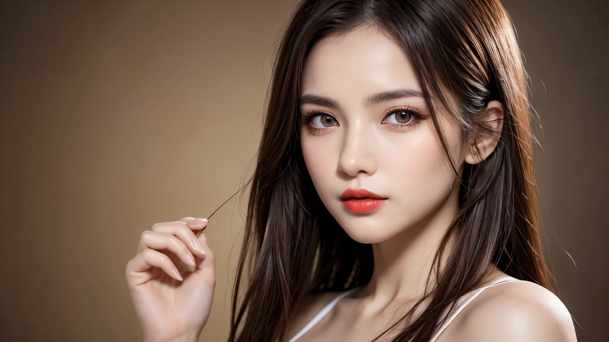 (8k, Ultra-high resolution, The best masterpiece, best quality:1.2), Very detailed, Complete Solution, (actual, actual photo: 1.37), portrait, Half Body, focus on eyes, HD RAW photos, career arrest, High quality and beautiful, 超高清 8k 影像照片, Volumetric lighting, Soft Light, confess, Professional photography, Very detailed的美麗女孩, Super delicate face shape, Contoured eyes, (Very detailed eyes), Precisely shaped nose, expressive lips, Delicate skin, (HD Skin:1.2), Neatly contoured fingers, Every feature is carefully displayed, a story, (20:1.2), Twenty generations, cute girl, young mother, Beautiful mature lady, brown hair, long, straight hair, sparkling amber eyes, red lips, Eye makeup, Cleavage, Stylish casual wear, perfect anatomy, Detailed background, HD background without blur, particle, actual, stunning details, 8k Ultra HD, high quality, CG unity, C4D Rendering, 3D Rendering