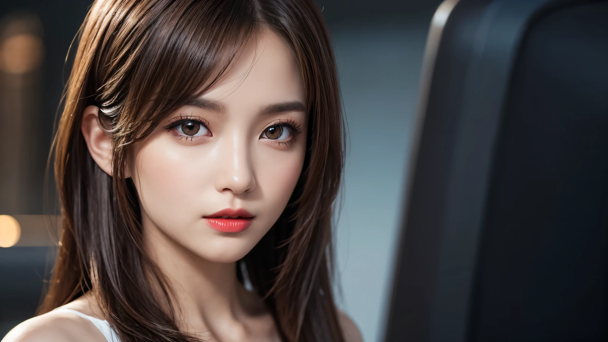 (8k, Ultra-high resolution, The best masterpiece, best quality:1.2), Very detailed, Complete Solution, (actual, actual photo: 1.37), portrait, Half Body, focus on eyes, HD RAW photos, career arrest, High quality and beautiful, 超高清 8k 影像照片, Volumetric lighting, Soft Light, confess, Professional photography, Very detailed的美麗女孩, Super delicate face shape, Contoured eyes, (Very detailed eyes), Precisely shaped nose, expressive lips, Delicate skin, (HD Skin:1.2), Neatly contoured fingers, Every feature is carefully displayed, a story, (20:1.2), Twenty generations, cute girl, young mother, Beautiful mature lady, brown hair, long, straight hair, sparkling amber eyes, red lips, Eye makeup, Cleavage, Stylish casual wear, perfect anatomy, Detailed background, HD background without blur, particle, actual, stunning details, 8k Ultra HD, high quality, CG unity, C4D Rendering, 3D Rendering