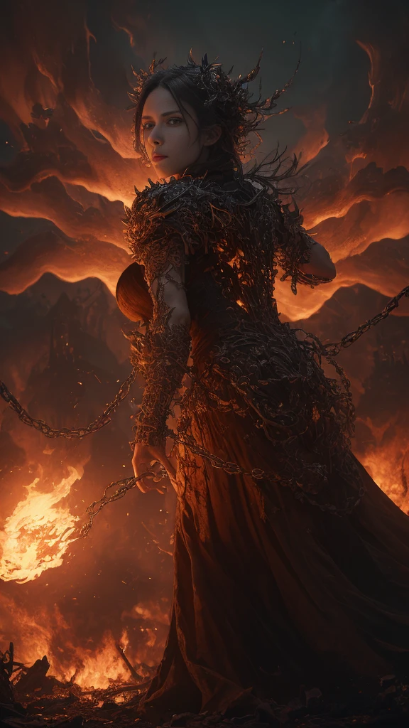 (extremely detailed 8k wallpaper) +, a mid-plane photo of a demonic sorceress conjuring fire in a burning and destroyed village, various burning chains around her,Intricate, High Detail, dramatic, best quality masterpiece, photorealistic, detailed, 8k, HDR, backlighting, flowering, chromatic aberration, sharp focus, post-apocalyptic,