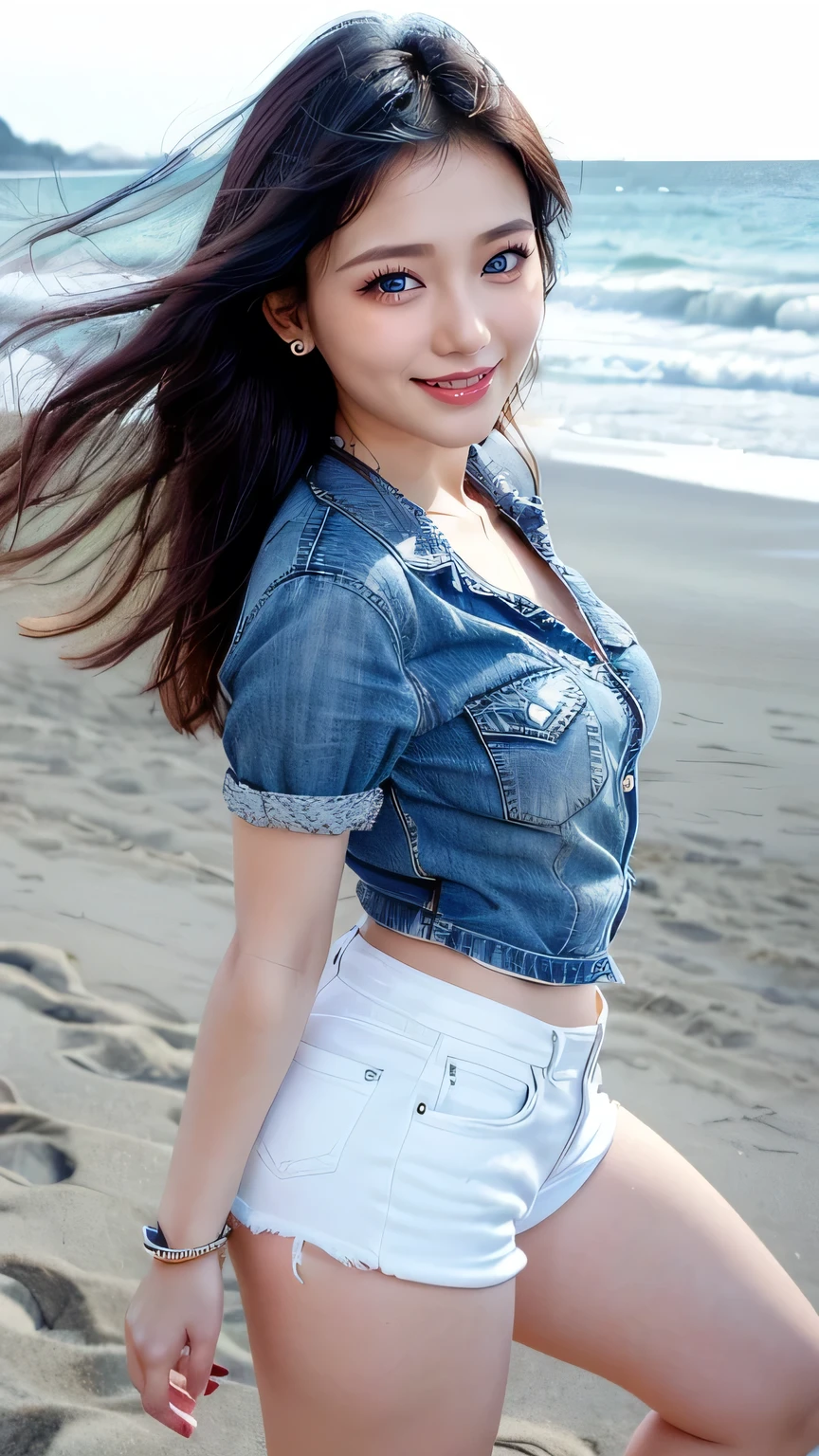 (High resolution photo, bust, 1 girl, 28 years old, woman, facial details, baby fat, waist accessories, smile, showing less teeth, white skin, full body, office outfit with mini denim shorts, model pose, at the beach)