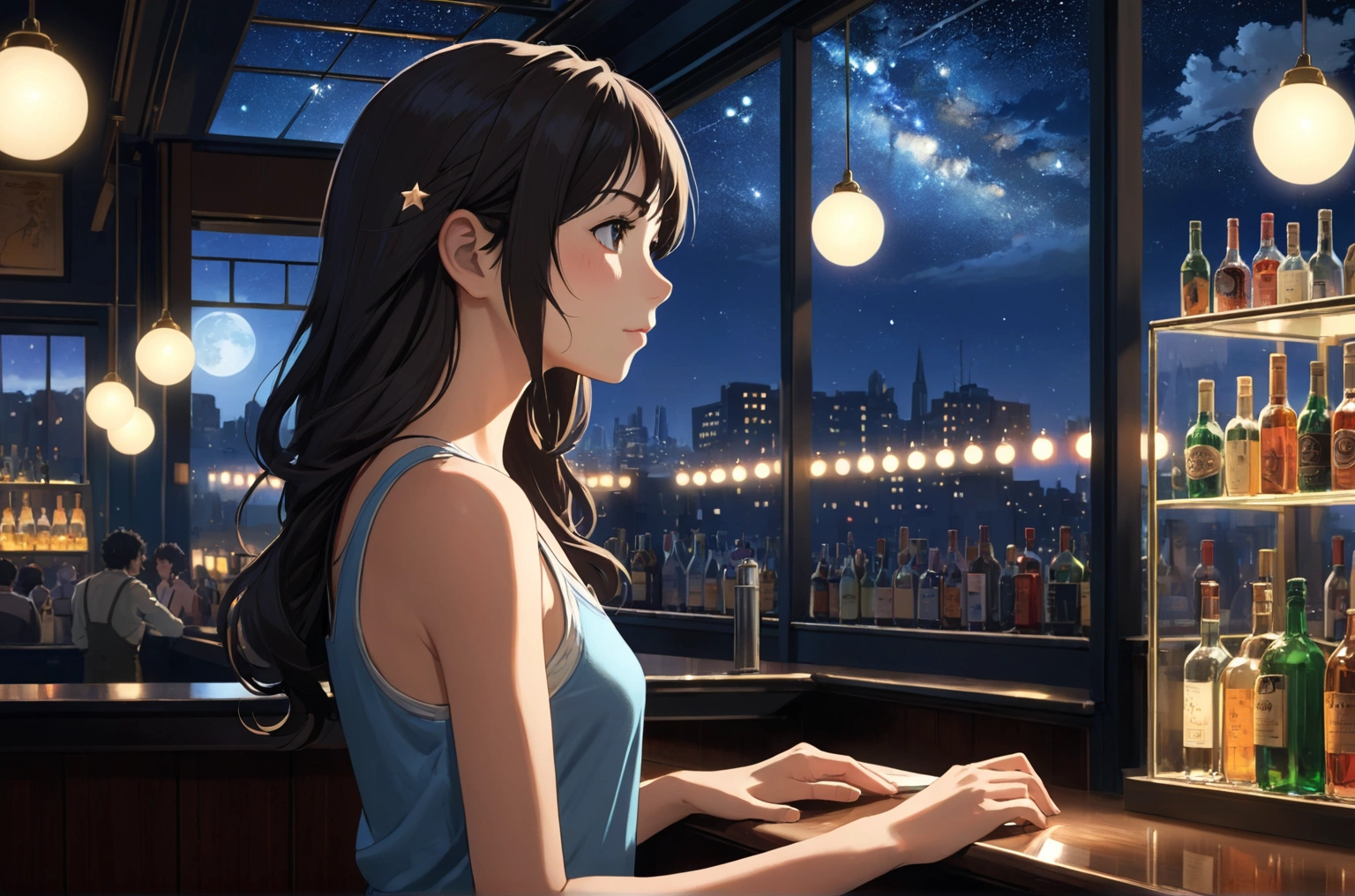 Uses Makoto Shinkai&#39;s depiction perfectly,Portrait of Halie Loren,8k 4k masterpiece photo ,London,A jazz bar with a glass ceiling,The twinkling stars can be seen through the glass windows.,It&#39;s a dark night outside,Jazz is playing,Close-up of profile,Beautiful in profile,Semi-long hair,Look in a different direction,Standing alone at the counter,Tight-fitting tank top,Bust is large size,Same character as before、At the same store as before