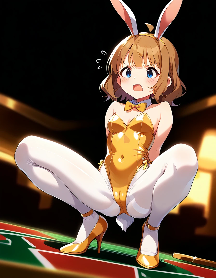 score_9, score_8_superior, score_7_superior, sauce_anime, One girl, alone, whole body, From the back, One girl,alone,Glowing Skin, Crouching, Place your hands behind your back on the floor, cute, whole body,score_9, score_8_superior, score_7_superior, ブレークsauce_anime, CG, Yellow bunny ears, blush, Blue Eyes, Open your mouth, Embarrassed and angry face, Detachable white collar, Yellow bow tie, clavicle:1.2, Exposing shoulders:1.8, Slight cleavage, Bust 73cm, Height: 140cm, yellow strapless leotard:1.9, Yellow Playboy Bunny, White wrist cuffs, High leg:1.8, Thong:2.9, White rabbit tail, She wears white pantyhose under her leotard:1.9, Yellow Pin Heels, View your viewers, casino, camel toe:0.5