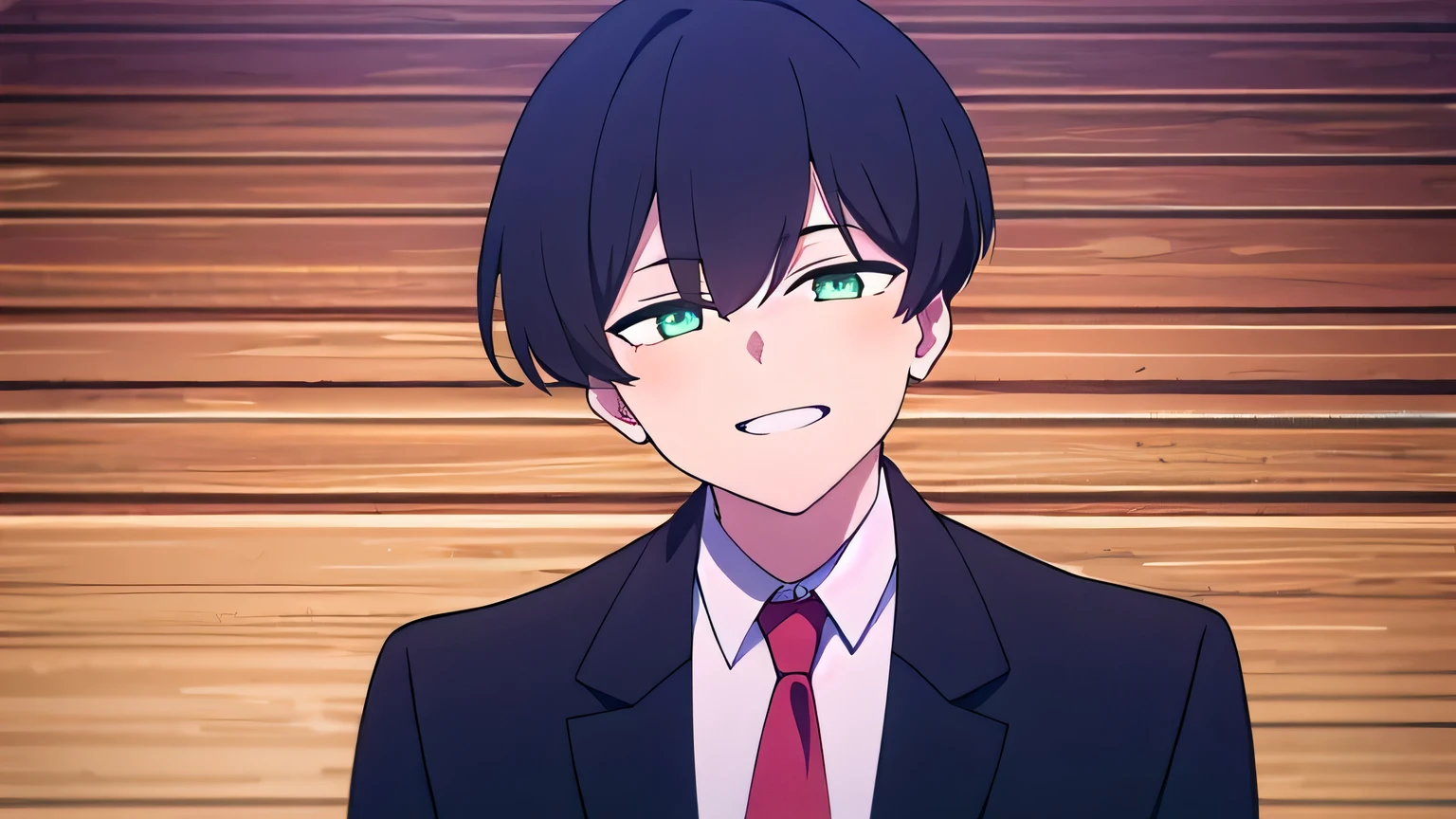  1boy, man,solo, black hair, red highlight, green eyes, bob hair, black suit, red tie, smiley, precise, Anatomically correct, 