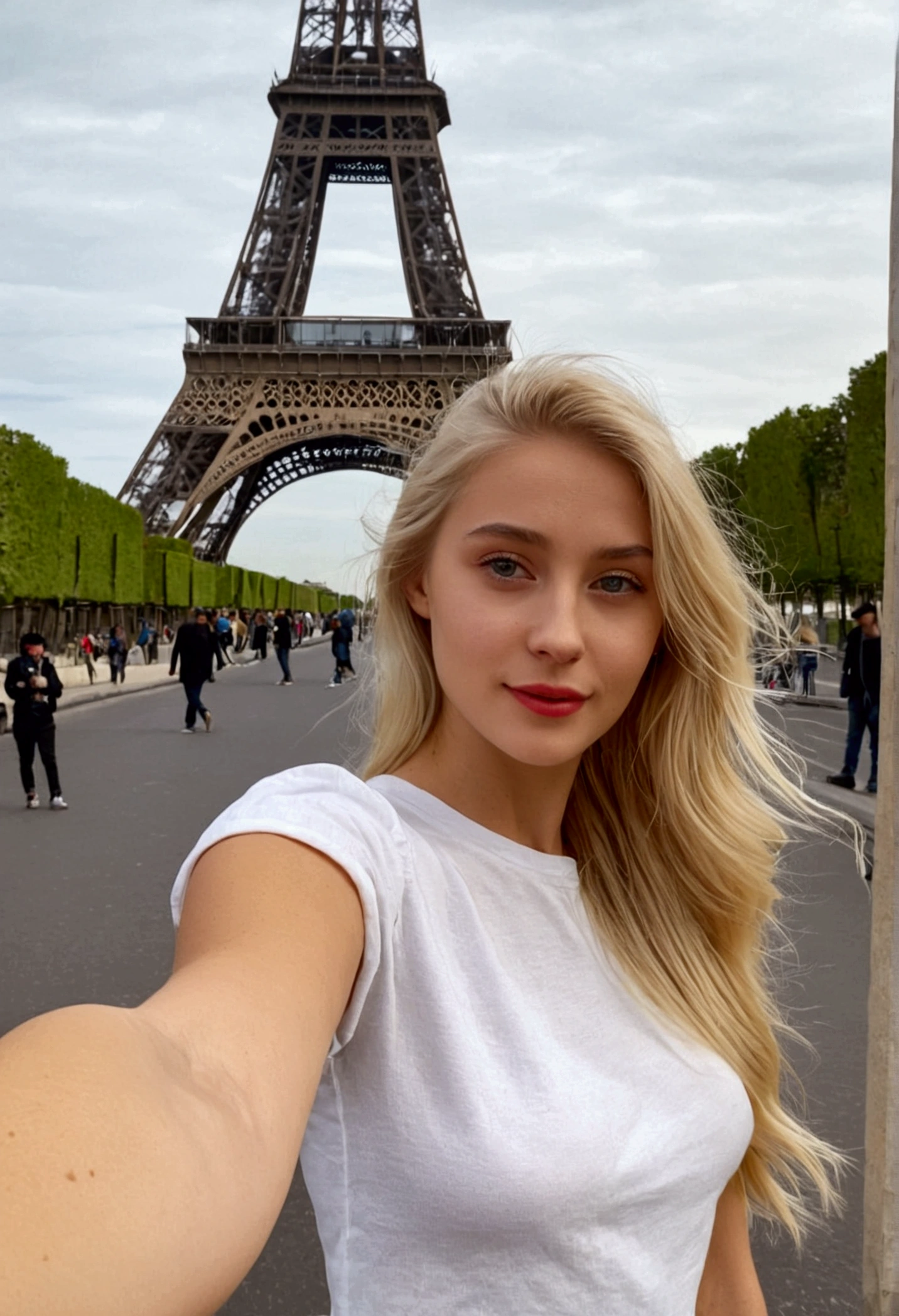 beautiful blonde girl taking a frontal selfie on the street with her arm outstretched'where the camera is located in the background the eiffel tower of paris