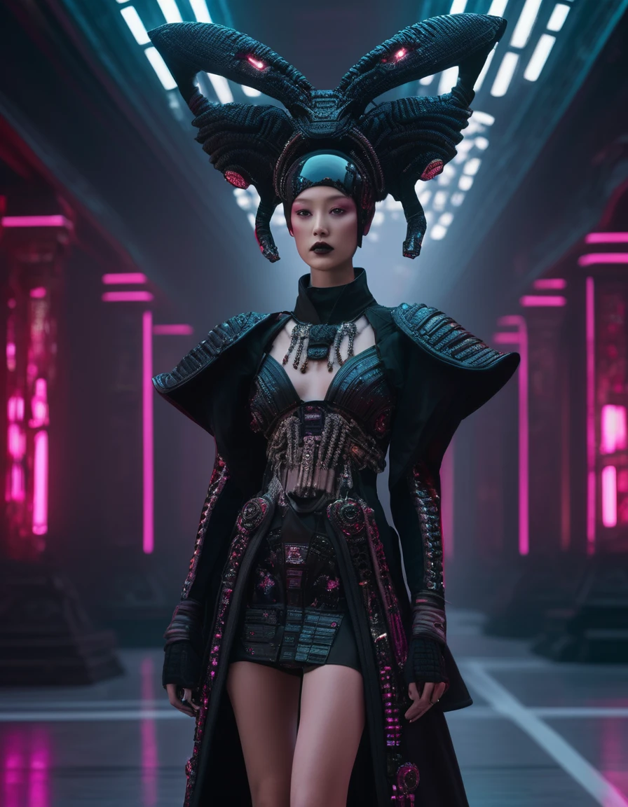 A fashion runway for alien technology , Cyberpunk fashion photography , Inspired by Chinese Xianxia and dark Gothic.,The fallen god of Greek mythology.,(Best Quality,4k,8k,A high resolution,masterpiece:1.2), (realist,photorealistic,photorealistic:1.37).