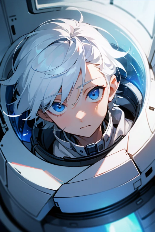 White hair-blue eyes boy, waking up from his cryogenic capsule after, crash in emergency escape sphere 