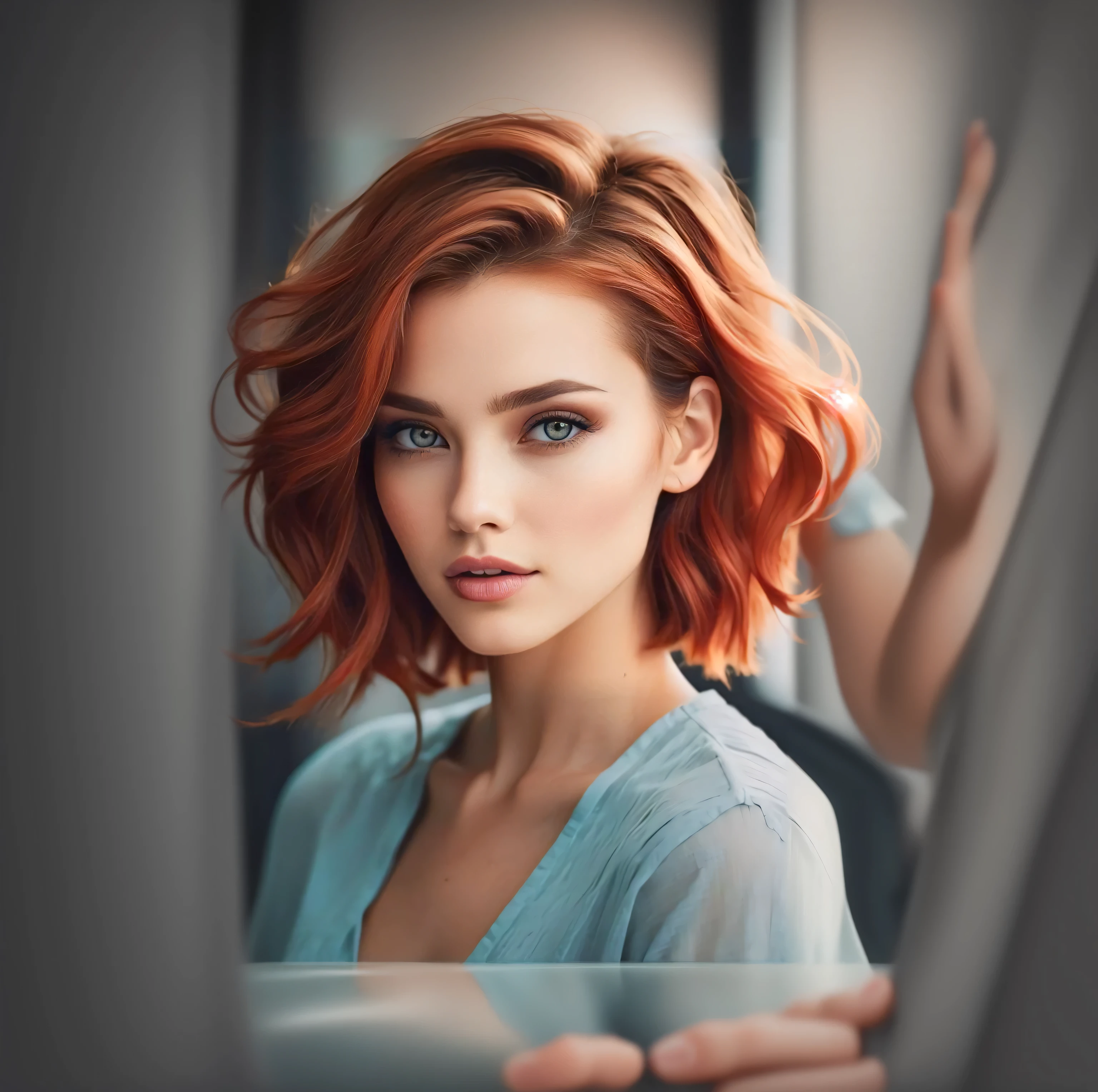 a woman with Red hair and blue eyes posing for a picture, short copper hair, Red hair and attractive features, short copper hair, short redhead, short Red hair, copper hair, Red head, short red hair, soft Red hair, curly copper coloRed hair, light Red hair, colorized portrait, Red hair, photo of a beautiful woman, beautiful redhead woman, russet hair