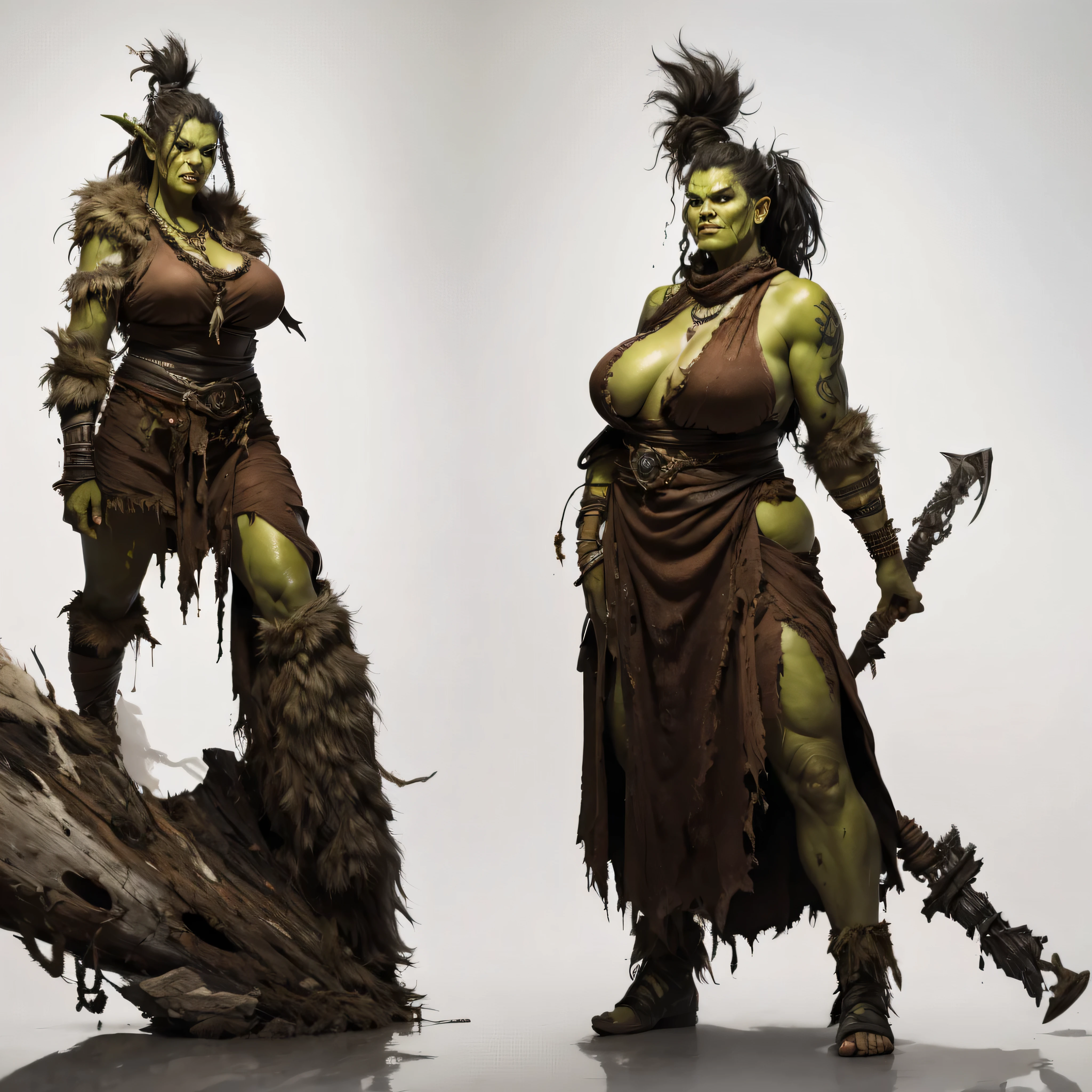 ((full body view)) illustration,1girl, Mature orc woman, big fangs, female orc, (green skin) , peaceful expression, dirty clothes and hair, wool and fur clothes, (wearing dirty linen dress), Worn linen dress、disheveled linen dress、Fully open linen dress、body soaking wet、(Torn linen dress), bone jewelry, tribal tattoos, big body, highly detailed, full height view, 4k, photorealistic, dramatic lighting, cinematic, fantasy art, ultra high quality, sharp Focus, orczor, ((background, white background: 1.3))