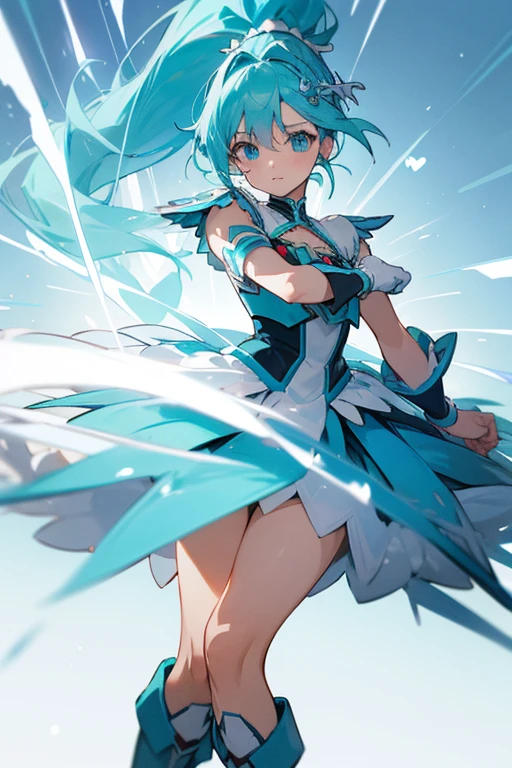 cure aqua(light blue hair, long ponytail, white battle costume, Heart decoration on chest, light blue boots) 