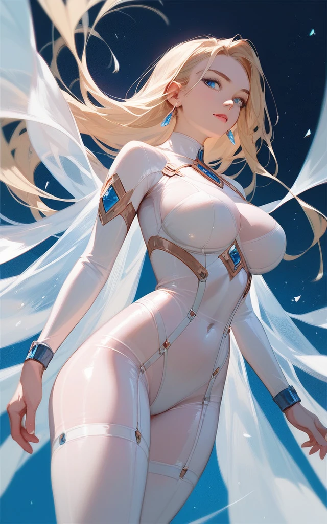 girl, white sheer bodysuit, blonde, blue eyes, Hyper Realistic, masterpiece