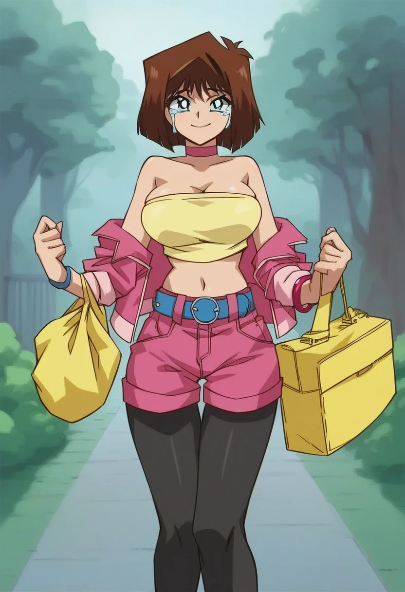 score_9_up, score_8_up, score_7_up, source_anime, break, uncensored brown hair, short hair, blue eyes, large breasts, blue and pink bracelet, four bracelets, red platform sandals, pink choker, looking at viewer, cowboy shot, outdoors, smile, curvy, cleavage, yellow bag, crying, nipple, nsfw, naked