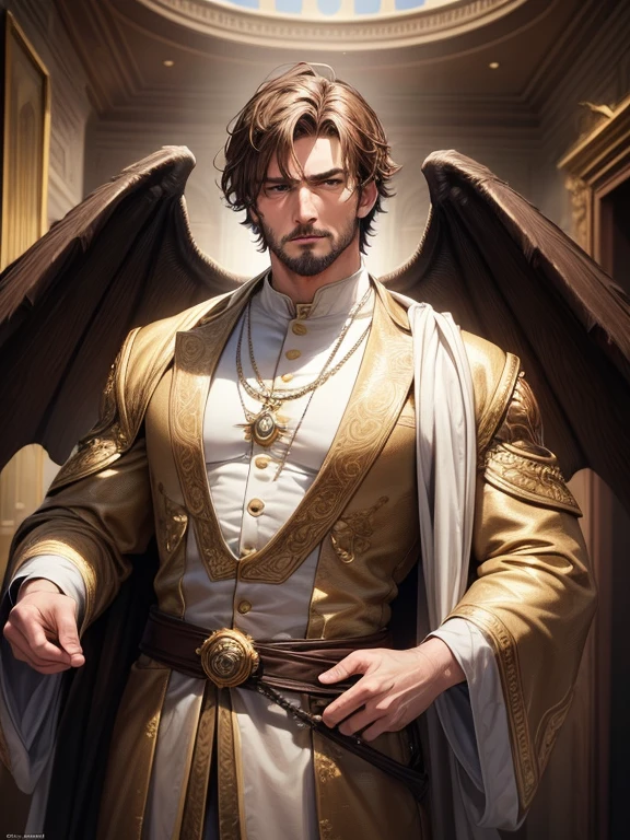 (work of art, best qualityer, ultra HD, 8k, wall-paper), Cinematic sensation, perfects eyes, detailedeyes, a man with large wings like birds in brown color, baggy and elegant costume in an era of adventure and a world of role-playing, showcasing the powerful brown tones in both of the character&#39;s eyes,, renderize a arte em uma impressionante resolução de 8k para mostrar todos os detalhes complexos, bringing the character and scene to life, set the stage under a clear, star-studded night sky, with the full moon casting its ethereal glow over the environment, capture the cinematic essence.