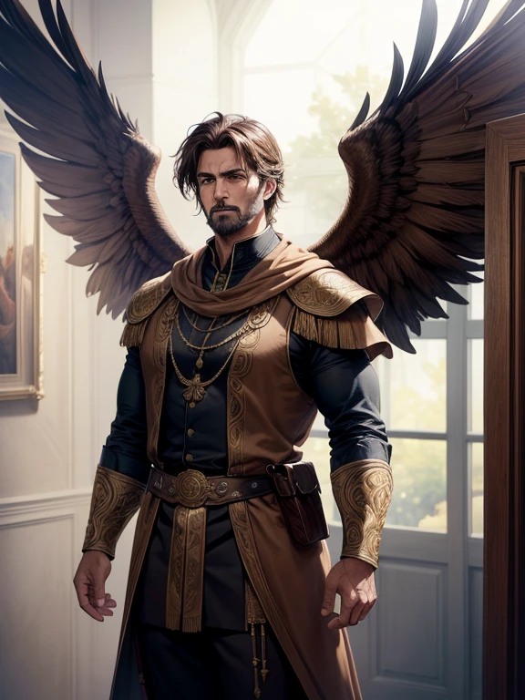 (work of art, best qualityer, ultra HD, 8k, wall-paper), Cinematic sensation, perfects eyes, detailedeyes, a man with large wings like birds in brown color, baggy and elegant costume in an era of adventure and a world of role-playing, showcasing the powerful brown tones in both of the character&#39;s eyes,, renderize a arte em uma impressionante resolução de 8k para mostrar todos os detalhes complexos, bringing the character and scene to life, set the stage under a clear, star-studded night sky, with the full moon casting its ethereal glow over the environment, capture the cinematic essence.