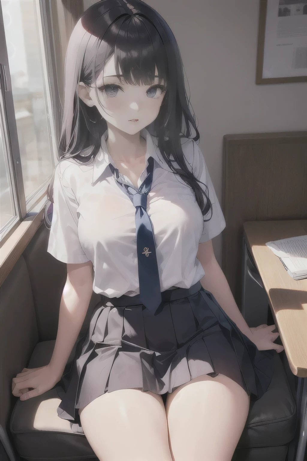 Naughty junior high school girls、Black Haired Beautiful Girl、Short-sleeved uniform、White blouse、Loosened tie、Naughty lips、Navy Pleated Skirt、Sexy thighs、Inner thighs、Black socks、Both arms are hidden、School