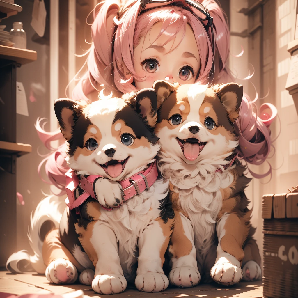 A cute girl holding a puppy indoors, Shiny Pink, High-quality images