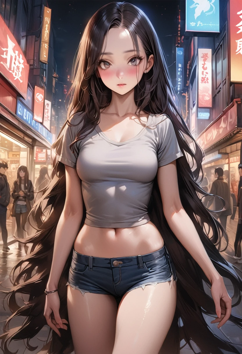 realistic,((masterpiece,Highest quality:1.3,best quality illustration)),cowboy shot,独奏,1woman,(25 year old beauty),((very small head:1.3)),black hair,long hair,forehead,center parted bangs,black eyes,gorgeous big eyes,blush,((very long body,skinny)),medium breasts,gleaming skin,toned body,slender body,skinny,Grey long sleeve sweatshirt、Denim Microshorts、standing,on street,Shinjuku、Tokyo、