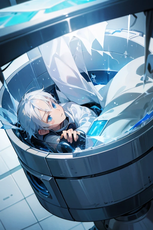 White hair-blue eyes boy, waking up from his cryogenic capsule after, crash in emergency escape sphere, HD