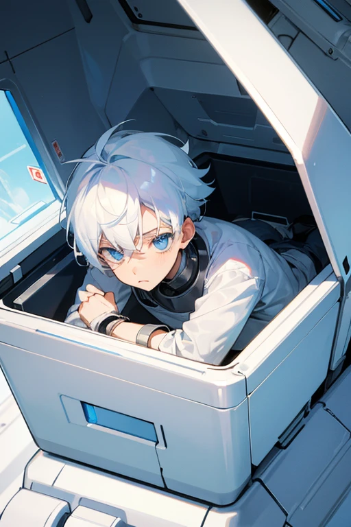 White hair-blue eyes boy, waking up from his cryogenic capsule after, crash in emergency escape sphere, HD