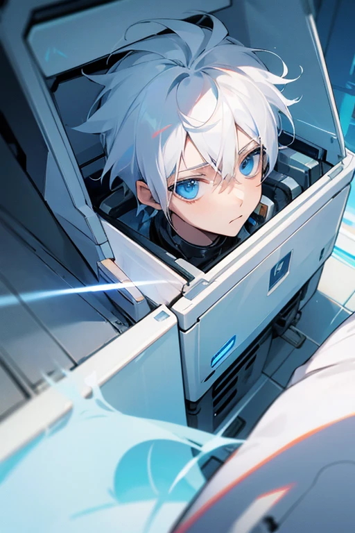 White hair-blue eyes boy, waking up from his cryogenic capsule after, crash in emergency escape sphere, HD
