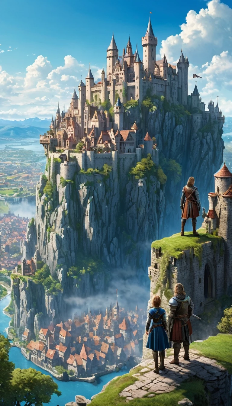 Fantasy world, city, Two characters stand on a cliff overlooking a large medieval-style city with countless buildings and a large castle in the distance. The city is surrounded by mountains and has clear blue skies above. Fantasy world, city