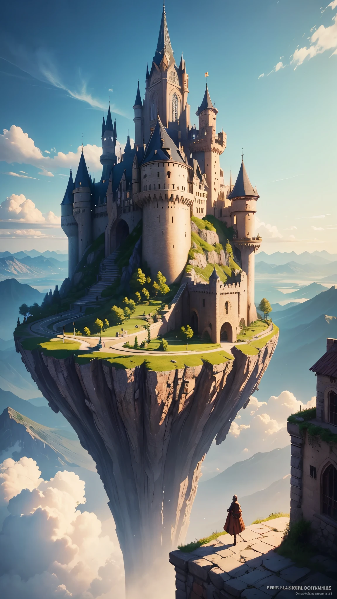 Fantasy world, city, Two characters stand on a cliff overlooking a large medieval-style city with countless buildings and a large castle in the distance. The city is surrounded by mountains and has clear blue skies above. Fantasy world, city