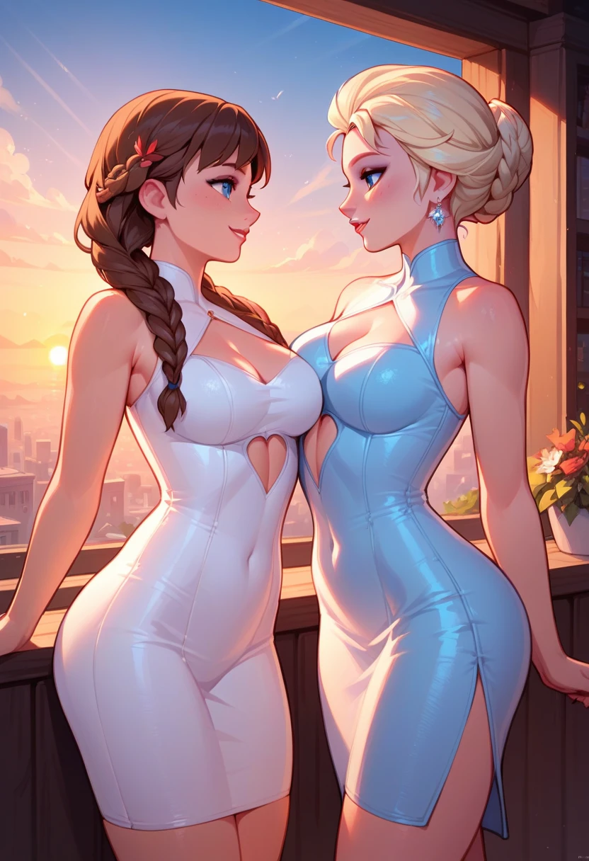 score_9, score_8_up, score_7_up, score_6_up, 2girls, elsa (blonde hair, braid, ultra short blue keyhole bodycon dress:1.1) and anna (brown hair, braided pigtails, ultra short white keyhole bodycon dress:1.3),, standing, romantic scenes, lovers, in love, cinematic lighting,, city background, sunset, cowboy shot.