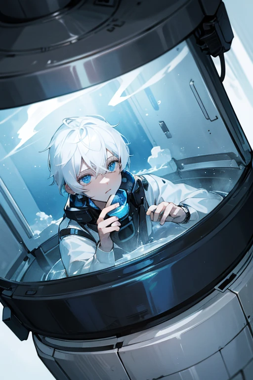 White hair-blue eyes boy, waking up from his cryogenic capsule after, crash in emergency escape sphere, HD-4K