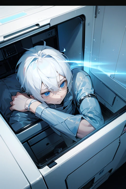 White hair-blue eyes boy, waking up from his cryogenic capsule after, crash in emergency escape sphere, HD-4K
