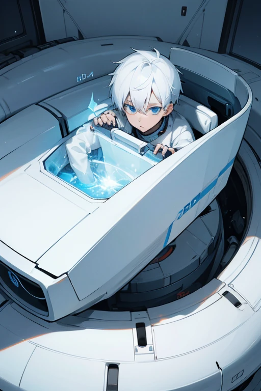 White hair-blue eyes boy, waking up from his cryogenic capsule after, crash in emergency escape sphere, HD-4K