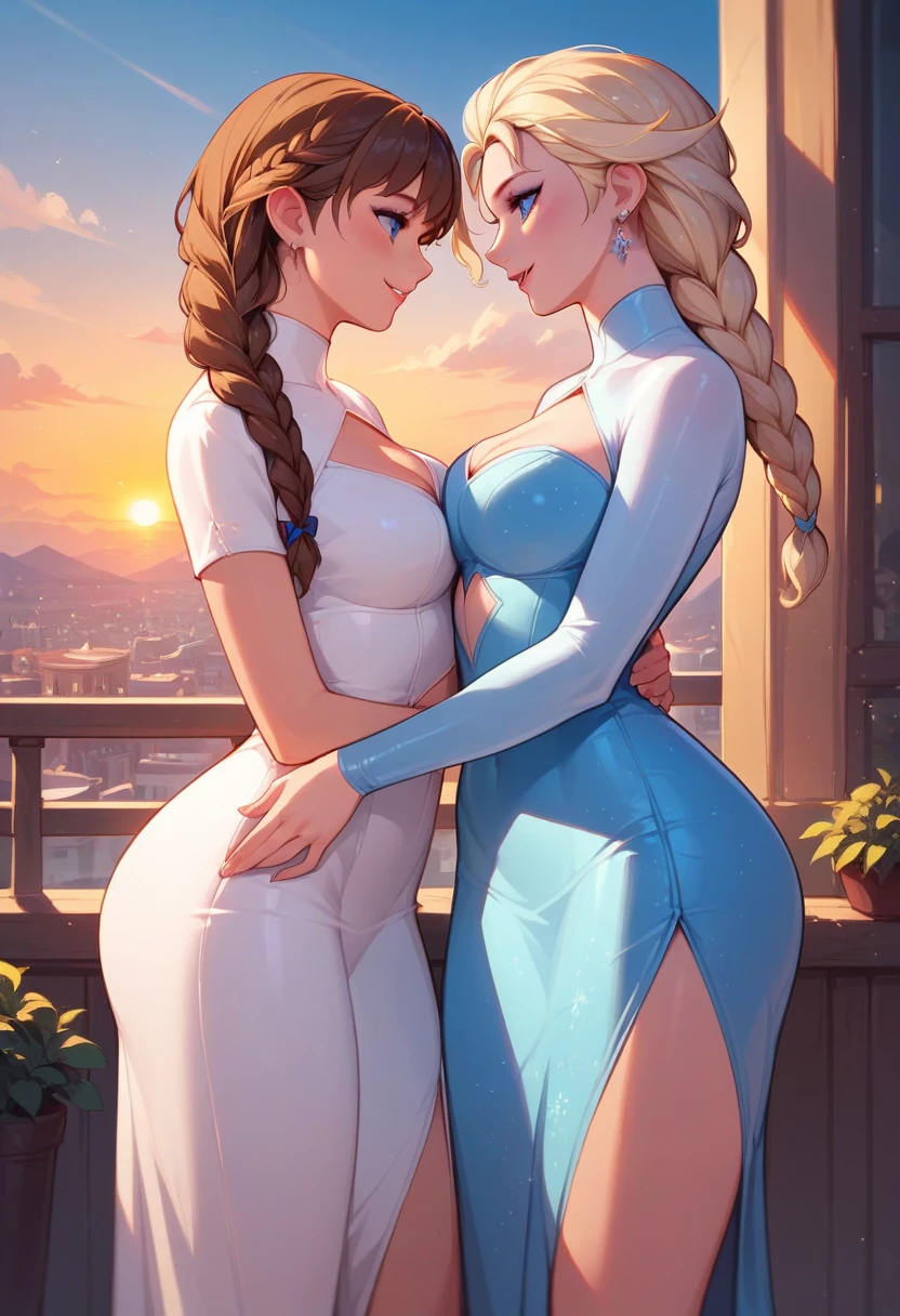 score_9, score_8_up, score_7_up, score_6_up, 2girls, elsa (blonde hair, braid, ultra short blue keyhole bodycon dress:1.1) and anna (brown hair, braided pigtails, ultra short white keyhole bodycon dress:1.3),, standing, romantic scenes, lovers, in love, cinematic lighting,, city background, sunset, cowboy shot.