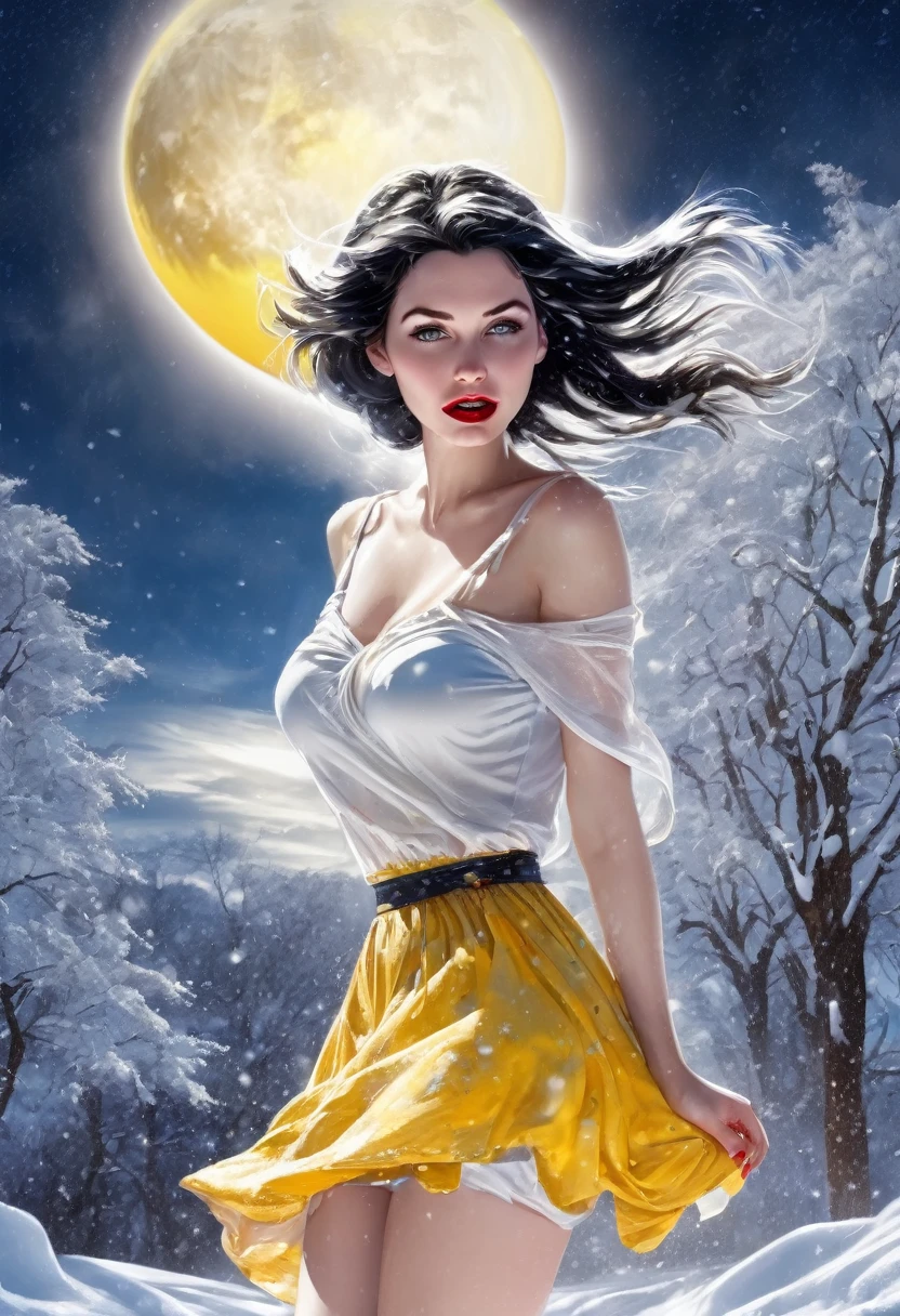 Eclipse of beautiful attractive snow white lady, flowing weather, lovely day, , perfect composition, breathtaking illustration, , , deep details, colorful knots,, reflections, colored cotton , shallow painting splashes, text "Fear", cleavage, sexy, thigh, short skirt