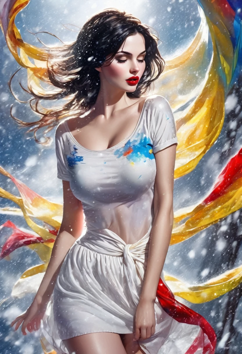 Eclipse of beautiful attractive snow white lady, flowing weather,  lovely day,  , perfect composition, breathtaking illustration, ,  , deep details,  colorful knots,, reflections, colored cotton , shallow painting  splashes, text "Fear", cleavage, sexy, thigh, short skirt