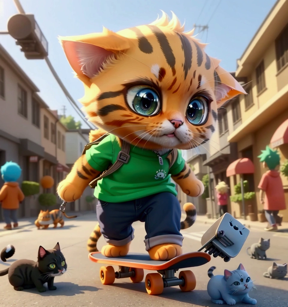 There&#39;s a cat skateboarding down the street, anime look of a cute cat, cute cartoon character, 3d animated movie, adorable digital painting, beautiful 3d rendering, 3d cartoon, an orange cat, cute character, cute character da pixar, the cat is walking, animation character, 3D animated, 3d animated, The smallest pet shop cat 3d