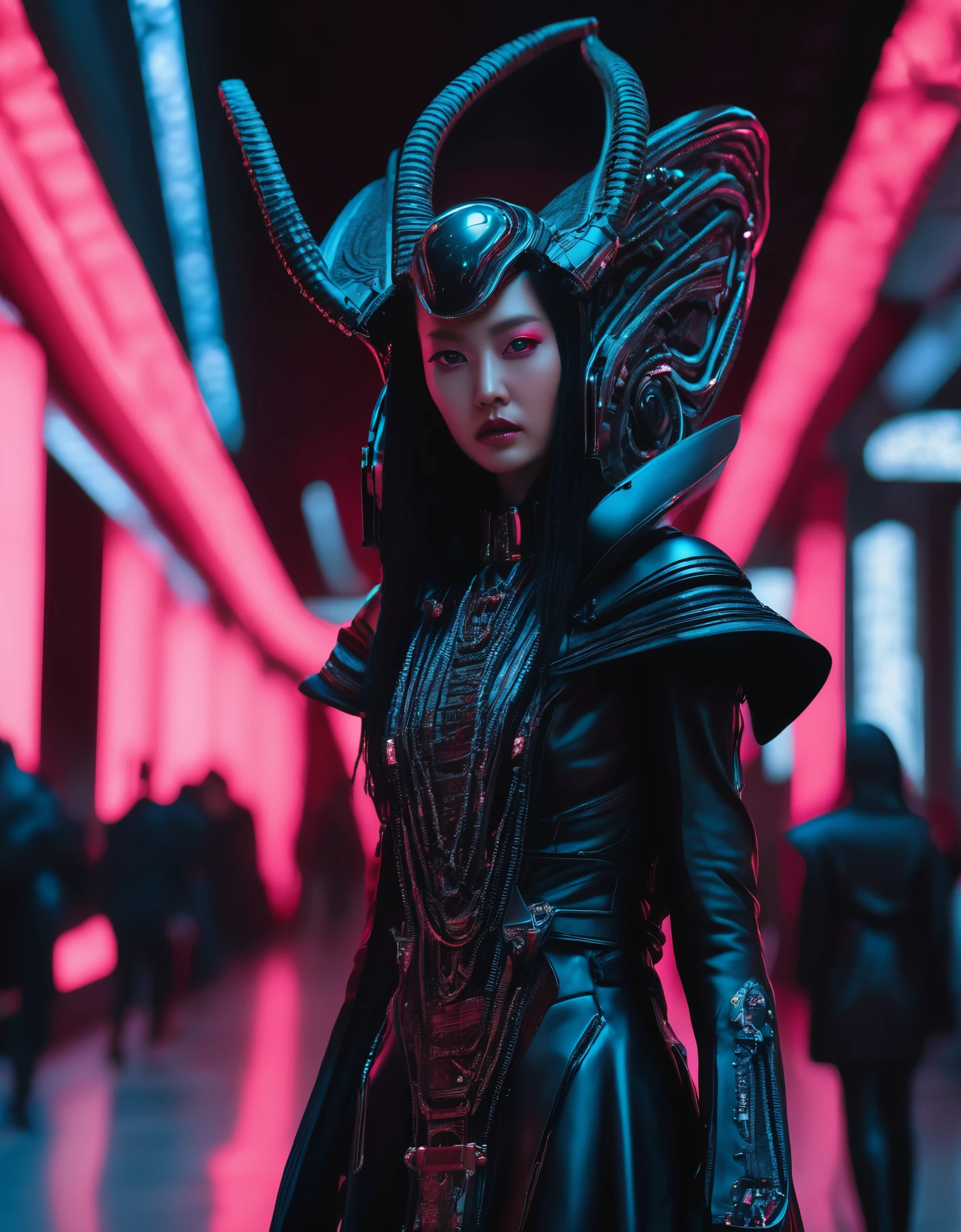 A fashion runway for alien technology , Cyberpunk fashion photography , Inspired by Chinese Xianxia and dark Gothic.,The fallen god of Greek mythology.,(Best Quality,4k,8k,A high resolution,masterpiece:1.2), (realist,photorealistic,photorealistic:1.37).