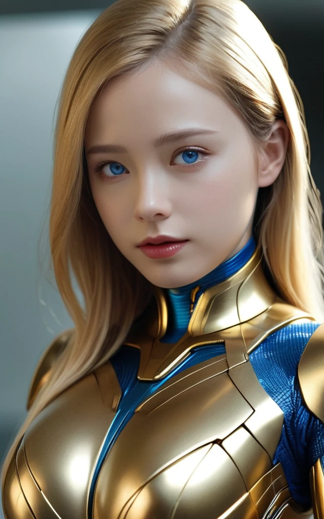 girl, golden ultron suit, blonde, blue eyes, Hyper Realistic, masterpiece