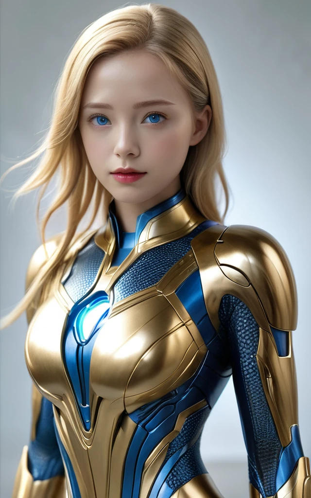 girl, golden ultron suit, blonde, blue eyes, Hyper Realistic, masterpiece