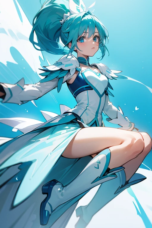 cure aqua(light blue hair, long ponytail, white battle costume, Heart decoration on chest, light blue boots) 