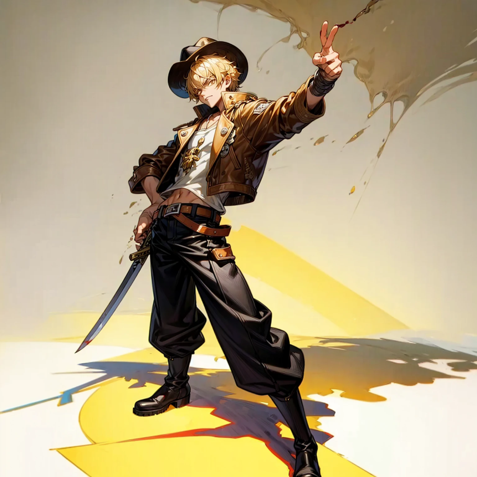 Grassroot, full body version, solo, boy, hat, blonde colour hair, short curly haircut, gold eyes, leather jacket, belt, long pants, boots, bandage on hand, shadow, (one piece style art), sword in hand, standing gesture, blood on background 