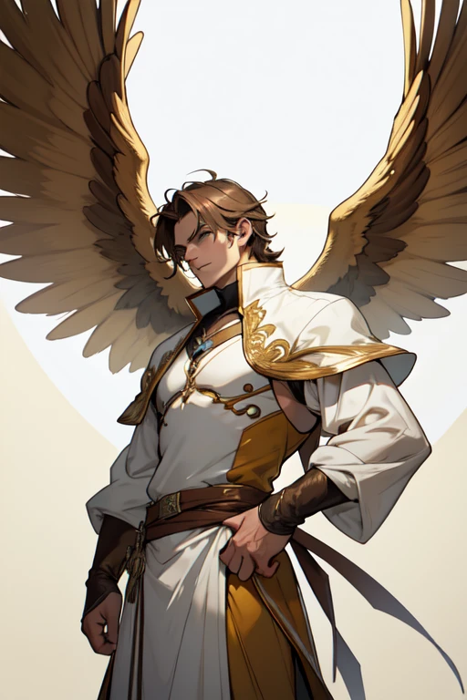 (work of art, best qualityer, ultra HD, 8k, wall-paper), Cinematic sensation, perfects eyes, detailedeyes, a man with large wings like birds in brown color, wide and elegant white costume with strategic details in yellow in an era of adventure and a world of role-playing, showcasing the powerful brown tones in both of the character&#39;s eyes,, renderize a arte em uma impressionante resolução de 8k para mostrar todos os detalhes complexos, bringing the character and scene to life, set the stage under a clear, star-studded night sky, with the full moon casting its ethereal glow over the environment, capture the cinematic essence.