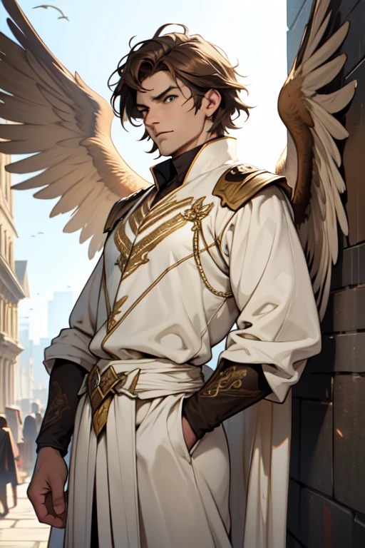 (work of art, best qualityer, ultra HD, 8k, wall-paper), Cinematic sensation, perfects eyes, detailedeyes, a man with large wings like birds in brown color, wide and elegant white costume with strategic details in yellow in an era of adventure and a world of role-playing, showcasing the powerful brown tones in both of the character's eyes,, renderize a arte em uma impressionante resolução de 8k para mostrar todos os detalhes complexos, bringing the character and scene to life, set the stage under a clear, star-studded night sky, with the full moon casting its ethereal glow over the environment, capture the cinematic essence.