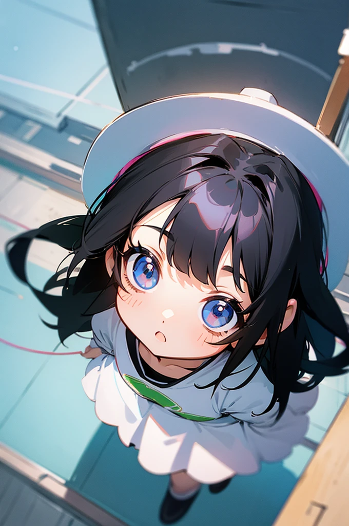 girl, black hair, 2d chibi style, looking up, view from above,  