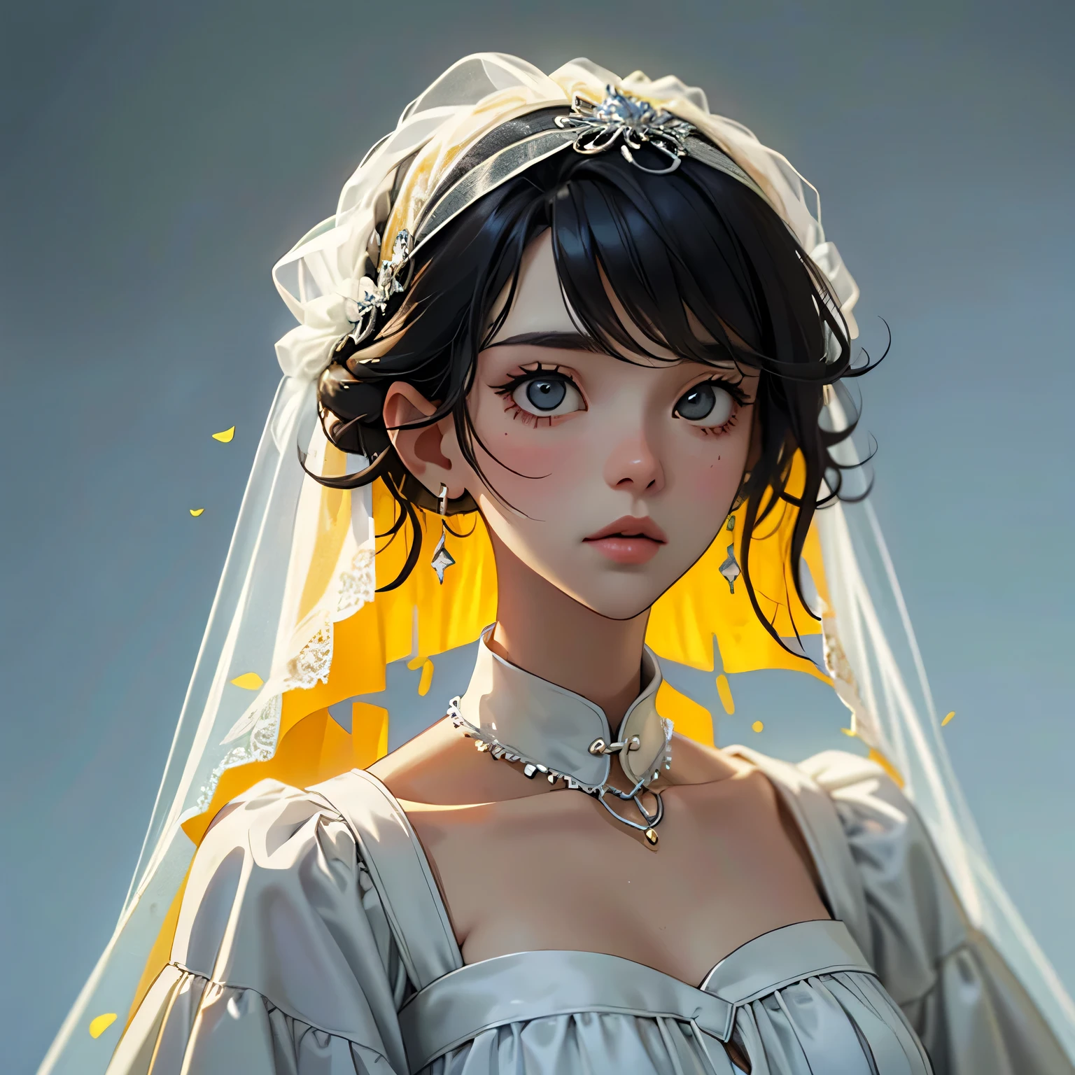 Un chico de cabello largo color amarillo amarrado a una coleta, wearing a white wedding dress with a sweetheart neckline and head veil 