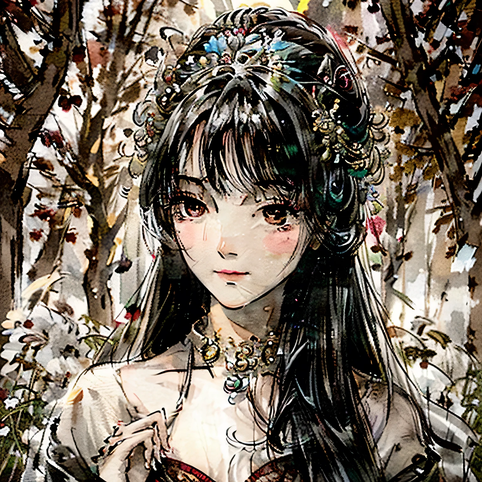 Create an elegant yet melancholic illustration of a goddess of beauty surrounded by a field of flowers. The goddess should be portrayed with a sense of grace and sadness, reflecting both her ethereal beauty and a subtle sorrow. The flowers around her should enhance the overall aesthetic, adding vibrant colors that contrast with the goddess's somber expression. The scene should evoke a sense of tranquil beauty, capturing the delicate balance between elegance and melancholy