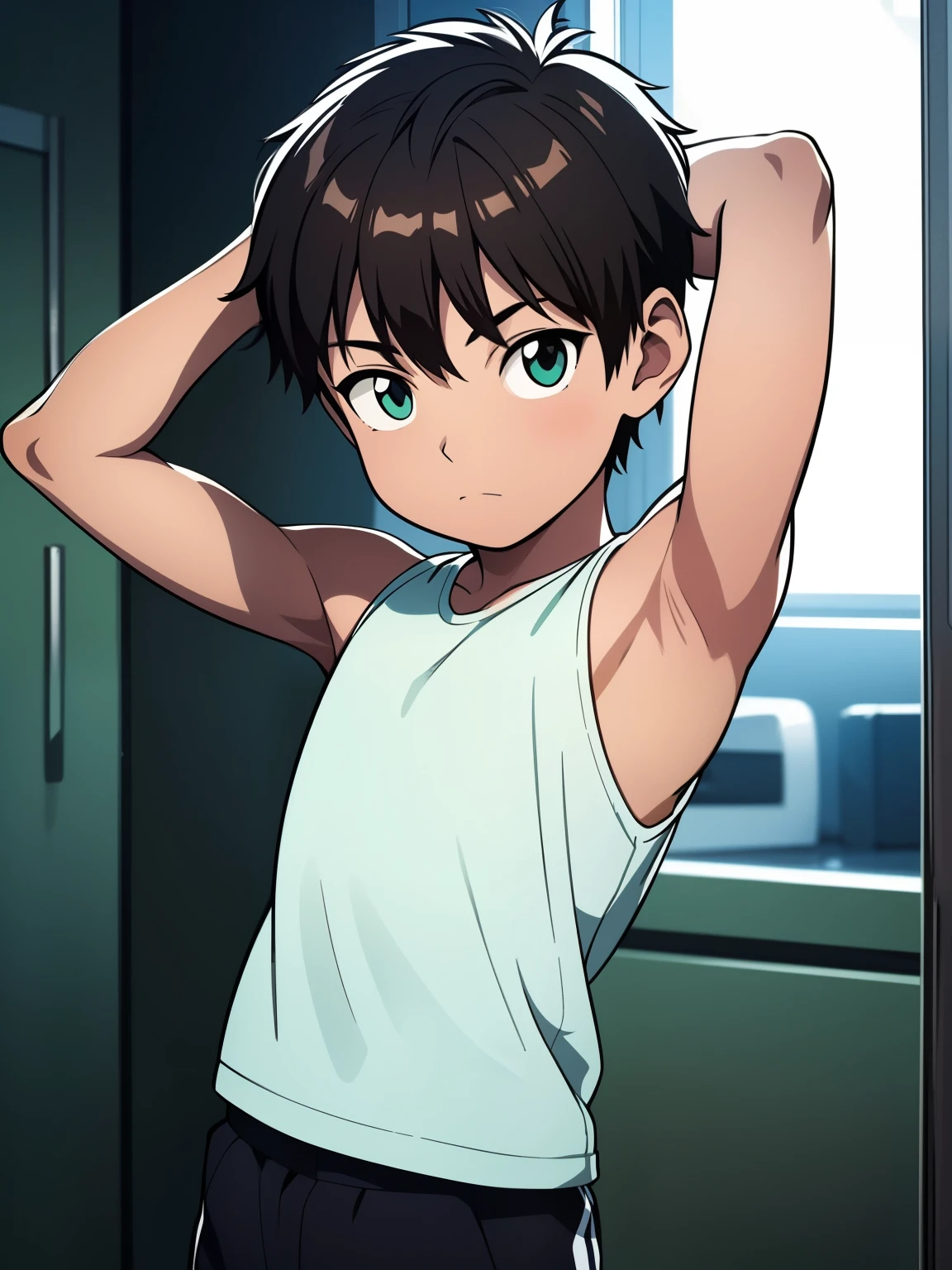 Highres, Masterpiece, Best quality at best,Best Quality,hight quality, hight detailed, Anime style, 1boy, Shota, Young boy, Solo person, Green tank top, Upper body, Seen from the front, looking at viewer, (Very young boy), (very small and short body), -yeld bo (Showing armpit:1.3), Cute boy, Uhd, bokeh, Simpele beckground, 8k photo, best quality, beautiful lighting, intricate details, photorealistic, photo, masterpiece, realistic, photorealism, detailed, hyper detailed, best quality, ultra high res, high resolution, detailed, raw photo, detailed face, detailed eyes