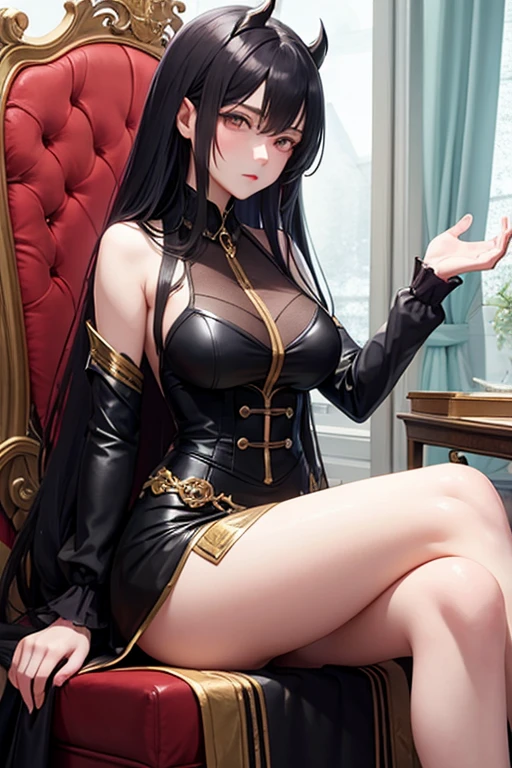 Anime tsundere demon lord  girl with mature face hourglass body with black lossed hair  and while being a little bit embarrassed sitting on the throne with passionate eyes 